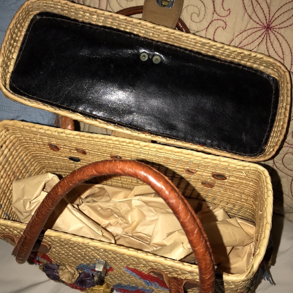 Vtg 1970s Handwoven Boho Straw Floral Handbag - Picture 9 of 14